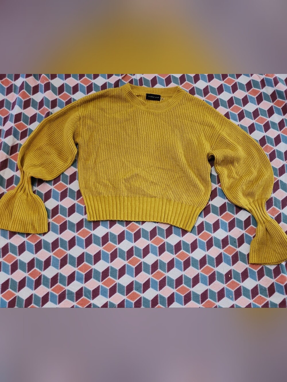 Mustard Seed Cropped Crewneck Sweater in Mustard Yellow With Bell Sleeve